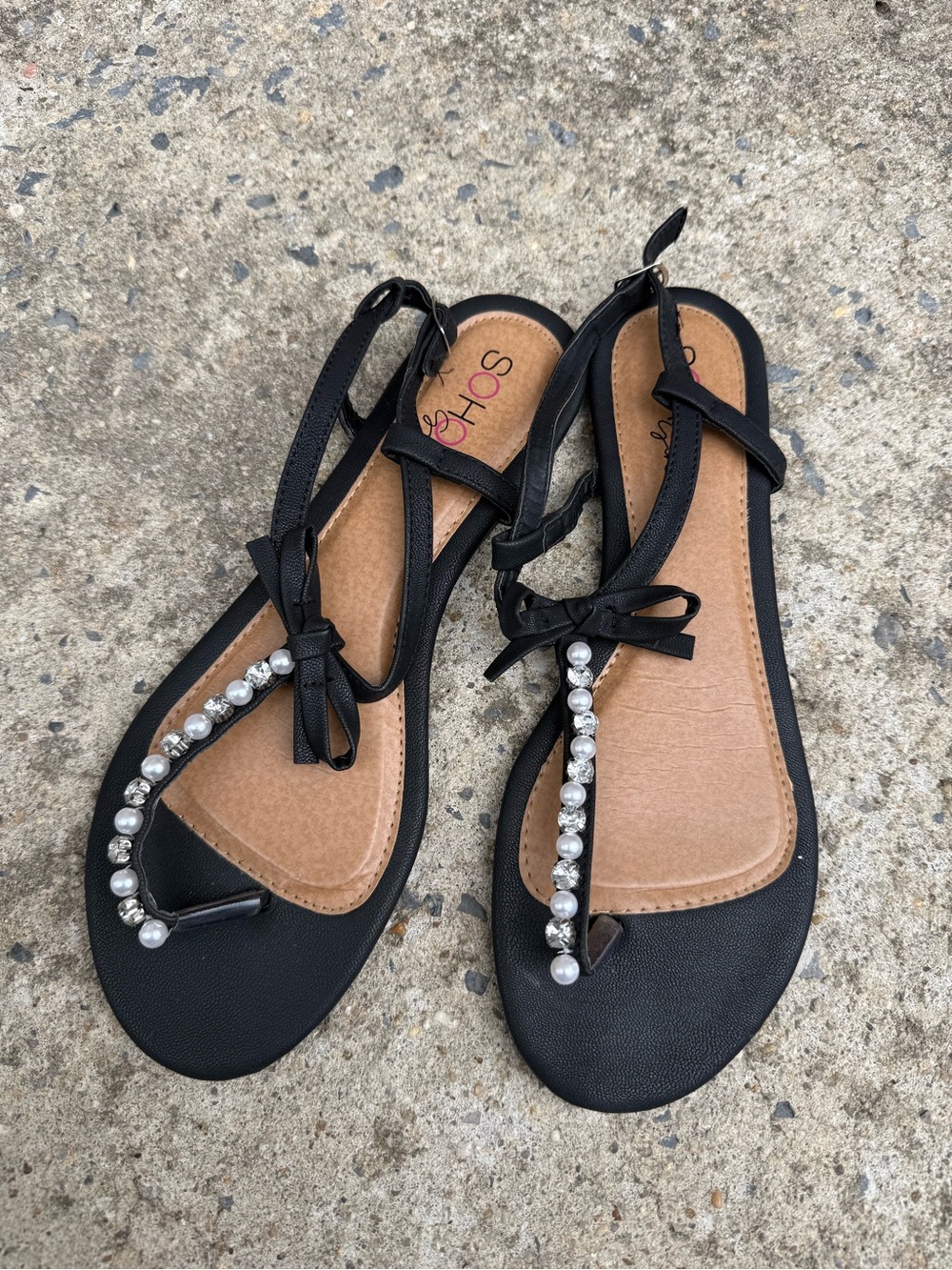 Soho Girls Black Pearl-Embellished T-Strap Sandals